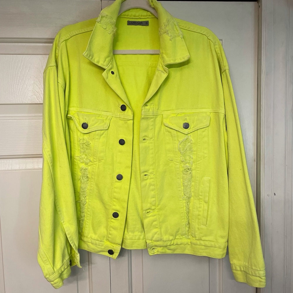 LF Carmar Distressed Denim Neon Yellow Jacket - thick heavy denim